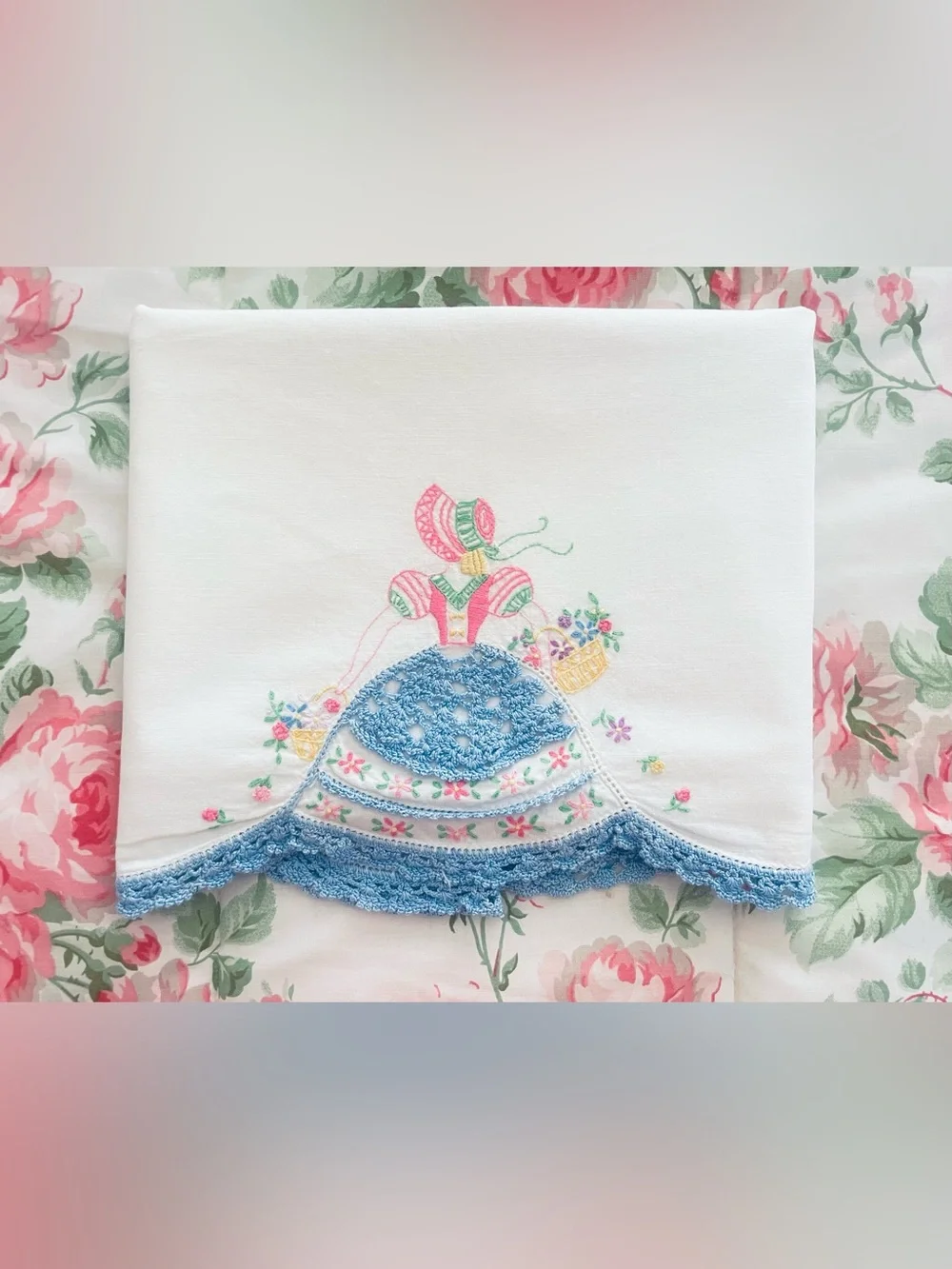 Vintage Pillowcase Southern Belle Hand Embroidered & Crocheted Cotton Pink Blue